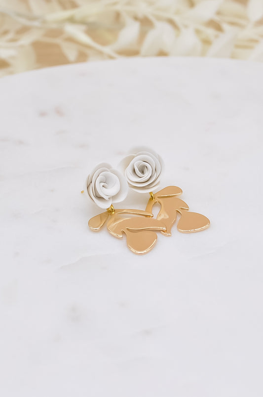 White Rose and Golden Leaf Drop Earrings